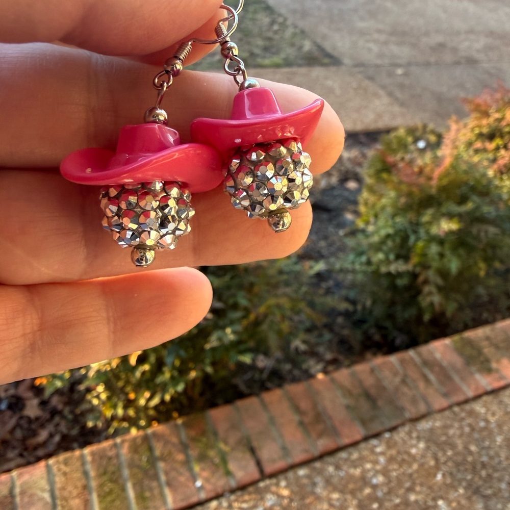 Cowgirl Hat Earrings Pink Western Rhinestone Dangle | Nickel Free French Hooks
